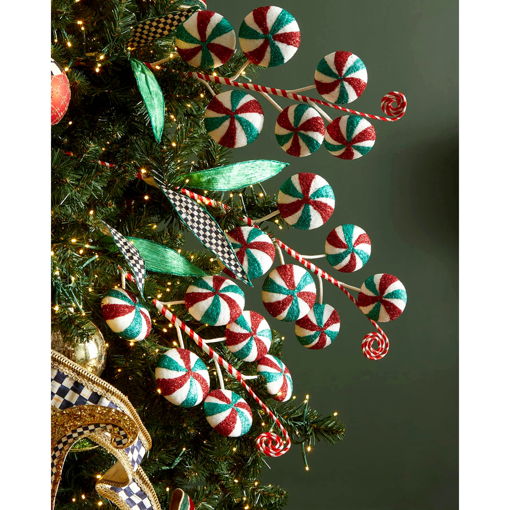 MACKENZIE-CHILDS Candy Cottage Peppermint Spray 25.5in Red Green Holiday NEW